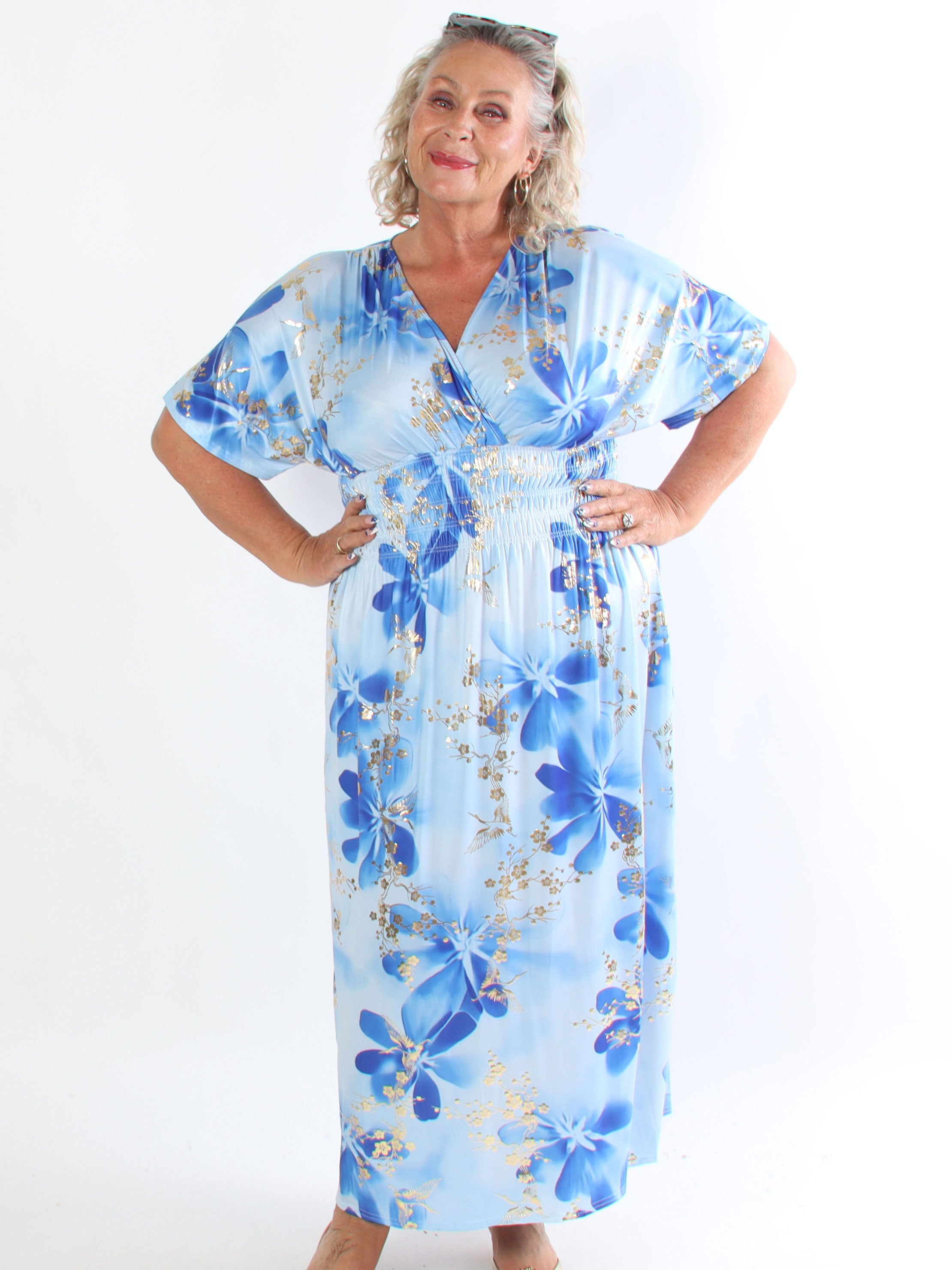 Pams Fleur - Plus size elastisk kjole med smock og japansk inspireret gulddetaljer